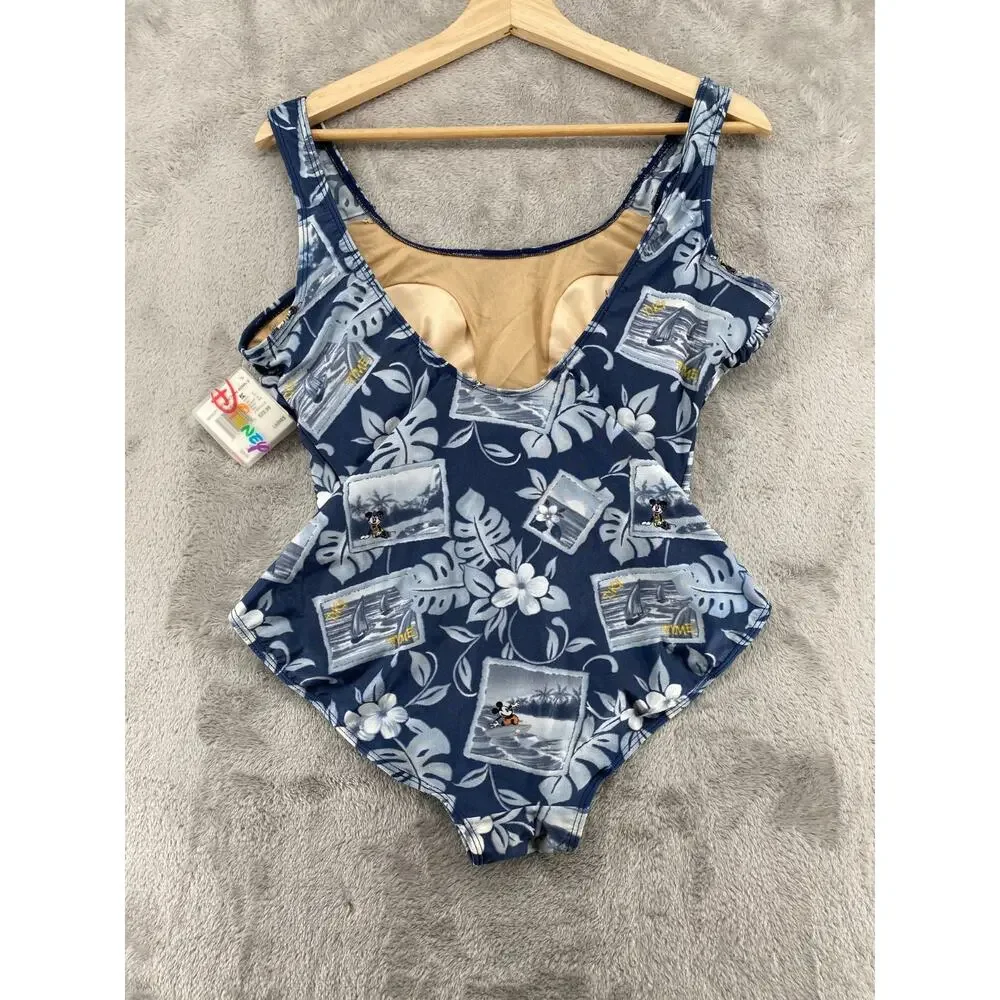 Vintage Disney Store Mickey Hawaiian One Piece Swimsuit Women’s XL Blue Surf